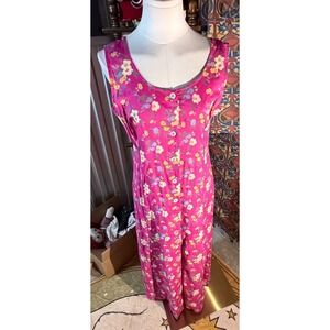 Koret Vintage Pink Floral Rayon Button Front Maxi Dress Smocked Back Small